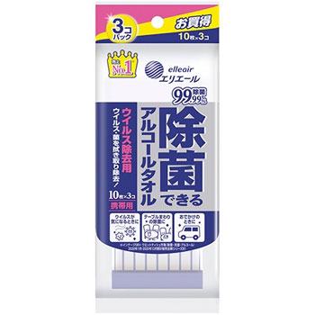 大王製紙 Eｼﾞﾖｹｲｳ10*3M エリエール 除菌できるアルコールタオル ウイルス除去用 携帯用
