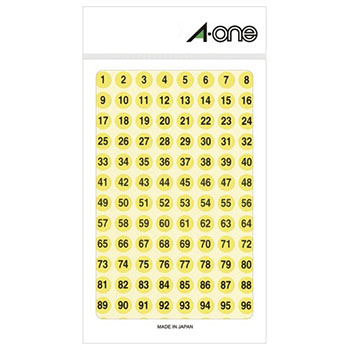 エーワン 08085バラ 特殊ラベル 丸型 数字 直径9mm 蛍光黄 黒文字 (518-3029)1パック 「1~100」各4片