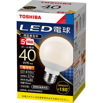 東芝ライテック LDG4L-G/G70/40W/2 LED電球 ボール電球形 E26口金 3.7W 電球色