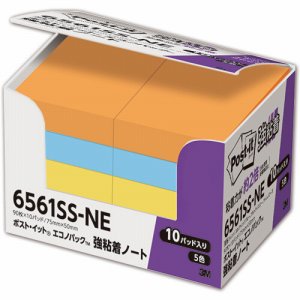 3M 6561SS-NE ポスト・イット 強粘着 エコノパック ノート 75×50mm ネオンカラー 5色混色 (212-195