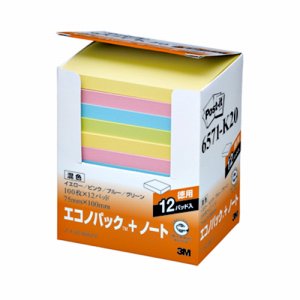 3M 6571-K20 ポスト・イット エコノパック ノート 再生紙 75×100mm 混色 (819-3438) 1パック=1