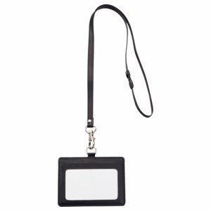 TPUN-D 合皮製ネームカードホルダー ヨコ型 ストラップ付 ブラック 汎用品 (518-4262)