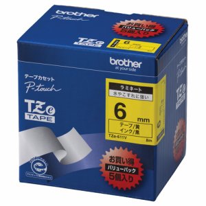 BROTHER TZE-611V ピータッチ TZEテープ ラミネートテープ 6mm 黄 /黒文字 業務用パック (811-38