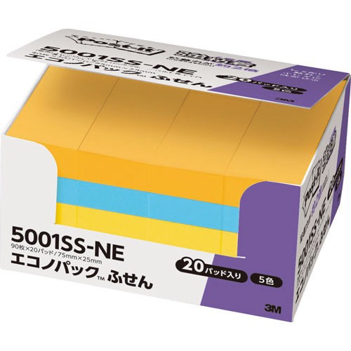 3M 5001SS-NE ポスト・イット 強粘着ふせん エコノパック 75×25mm ネオンカラー (419-2657) 1パッ