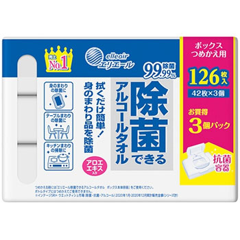 大王製紙 DSI20833152 エリエール 除菌できるアルコールタオル ボックスつめかえ用42枚×3パック