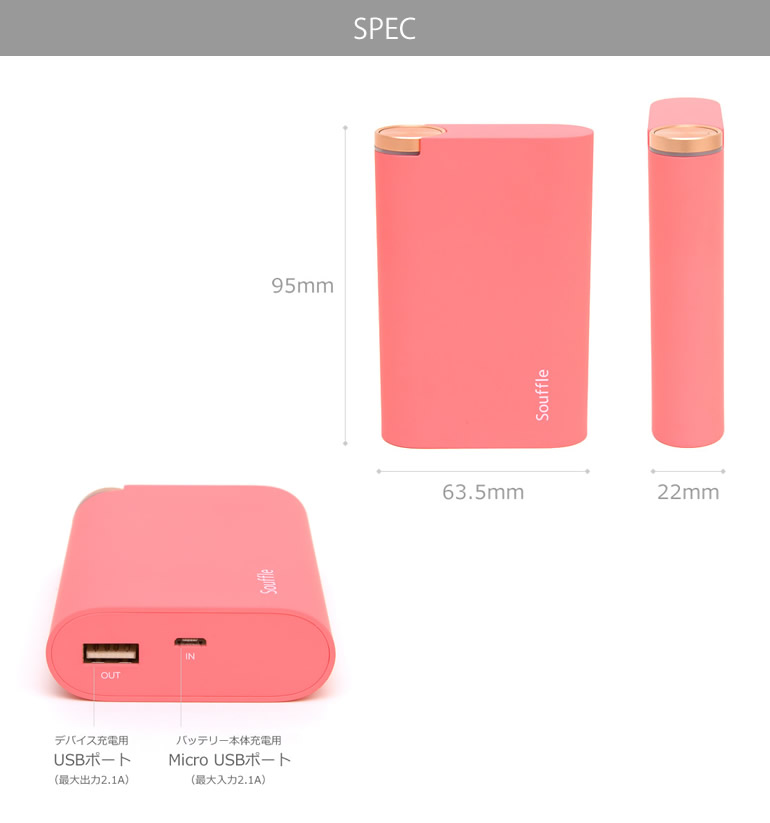 製品サイズは本体タテ95mm、ヨコ63.5mm、厚みは22mm。底面にはデバイス充電用のUSBポート(最大出力2.1A)と、バッテリー本体充電用のMicro USBポート(最大入力2.1A)を備えています。