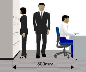 デスクと収納間は収納の出し入れの妨げにならない通路幅