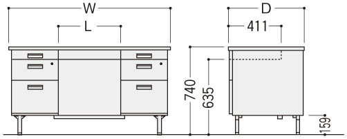 旧JISデスクOFシリーズ（両袖机）の寸法図