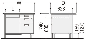 旧JISデスクOFシリーズ（片袖机）の寸法図