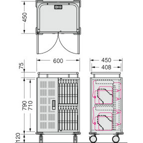 TPC-30C タブレット・スレートPC充電収納保管庫 キャスター型（30台・一括収納）寸法図