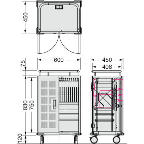 TPC-20TC タブレット・スレートPC充電収納保管庫 キャスター型（20台・一括収納）寸法図