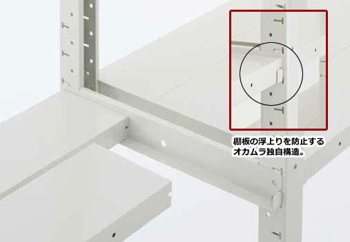 300kg/段タイプは分割棚板式を採用。棚段ピッチ変更も容易に行えます。