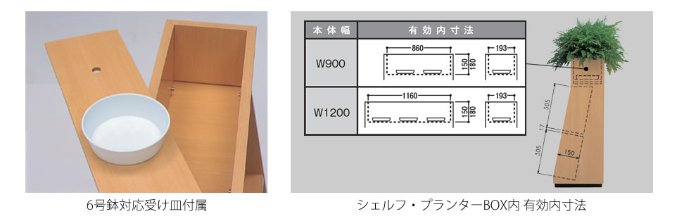 プランターボックスとシェルフ内寸法図。上部プランターBOXには6号鉢用の受け皿が付属している。