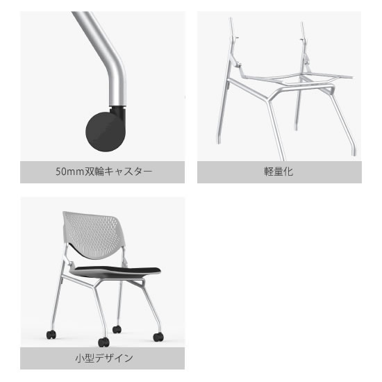 小型・軽量化とともに、可動性の良い50mm双輪キャスターを採用。機動力を高める工夫を詰め込みました。