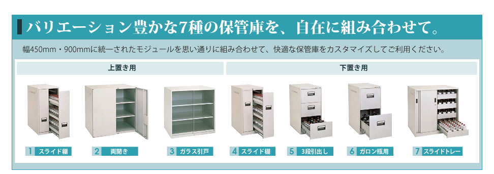 バリエーション豊かな7種類の薬瓶保管庫を自在に組み合わせてご利用いただけます