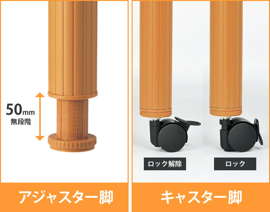 各脚の端部にはアジャスターを装備。クルクルと回転させて無段階でそれぞれの脚の高さを調節可能です。幅は最大50mmで、カーペットなどの段差にも十分に対応します。キャスターはロックすると支柱が降りキャスターが浮く、安全性の高い仕組みです。