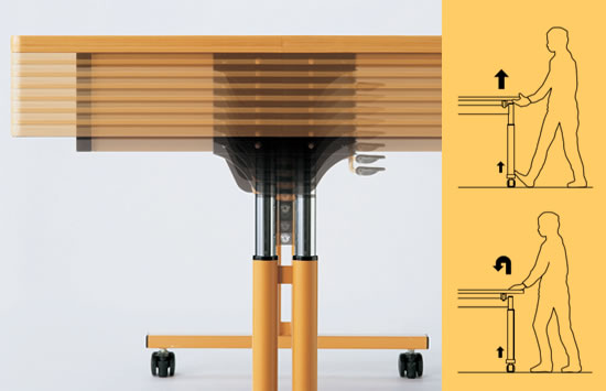 天板の高さは、660mm～800mmまでを20mmピッチで7段階に調整可能。脚を抑えながら持ち上げると固定され、最上部まで持ち上げるとロックが外れて下がります。