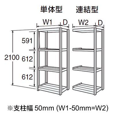 寸法図 6Fシリーズ（高さ2100mm、棚板4段）