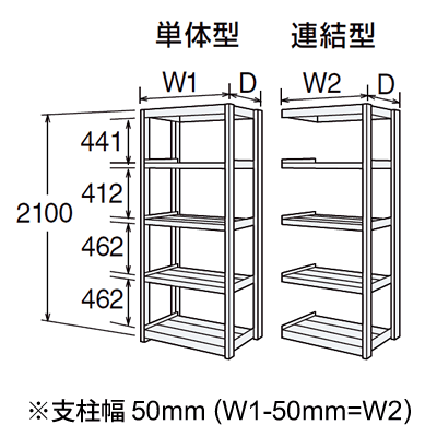 寸法図 6Fシリーズ（高さ2100mm、棚板5段）