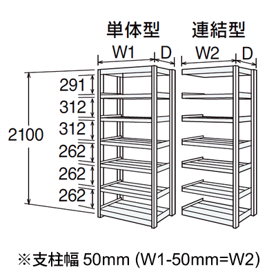 寸法図 6Fシリーズ（高さ2100mm、棚板7段）