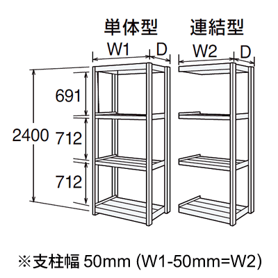 寸法図 6Fシリーズ（高さ2400mm、棚板4段）