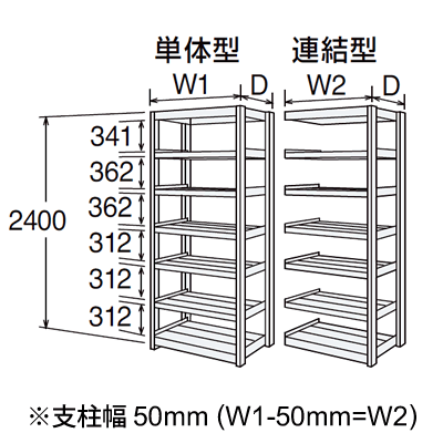 寸法図 6Fシリーズ（高さ2400mm、棚板7段）