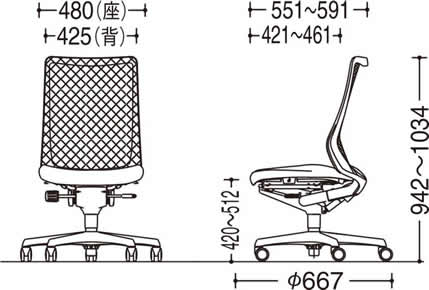 フルーエント寸法図（ハイバック肘無し）