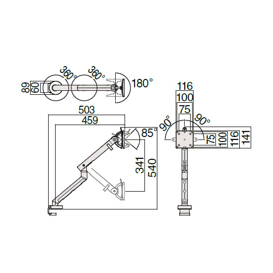 寸法図（floモニターアーム・クランプ式）