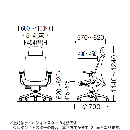 寸法図（スフィアチェア・エクストラハイバック可動肘）