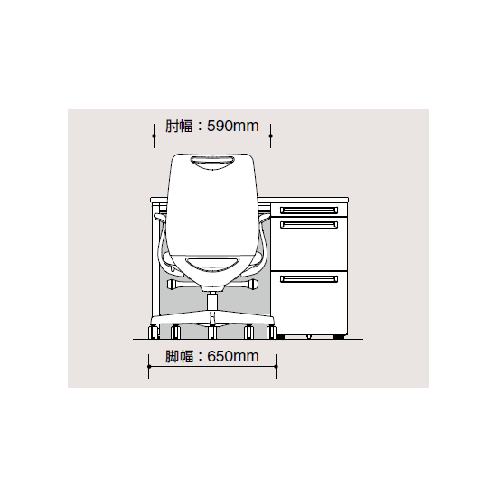 座幅は約505mm。幅1000mmの片肘デスクにキレイに収まるコンパクトサイズです。（※アジャストアーム：幅635mmは除く。画像はデザインアーム：幅590mmです）