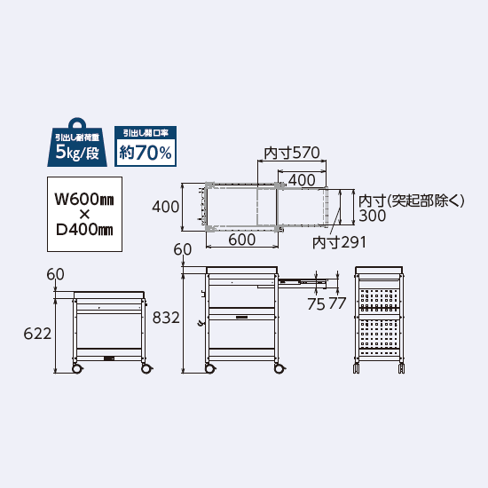 寸法図（幅600双輪キャスター共通）