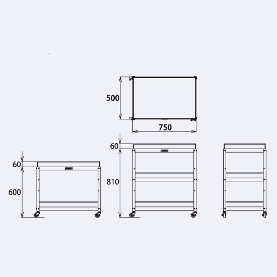 寸法図（幅750ナイロンキャスター共通）
