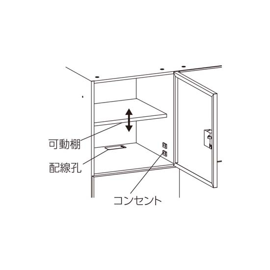 扉内部模式図（コンセント孔は付属する商品と付属しない商品があります。商品名・商品詳細をご確認ください。）