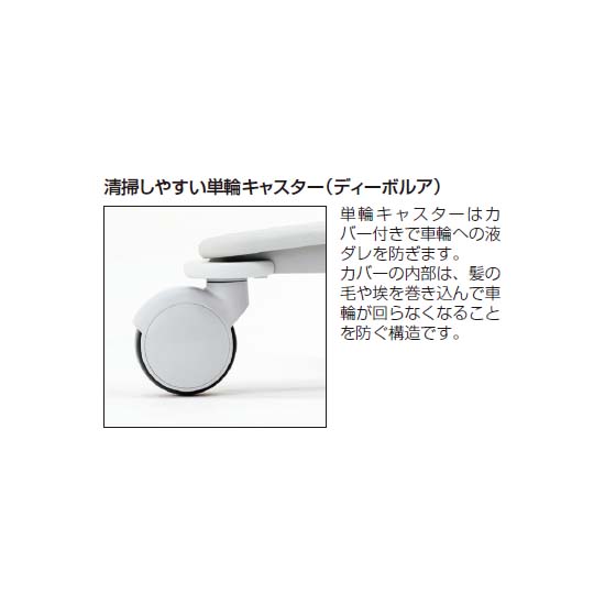 単輪キャスターはカバー付きで車輪への液ダレを防ぎます。