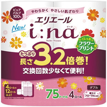大王製紙 Eイ-P3.2バイ4R エリエール イーナトイレットティシュー 3.2倍巻 フラワープリント ダブル 芯有 75m