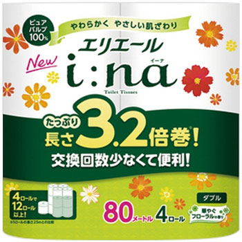 大王製紙 Eイ-ナ3.2バイ4R エリエール i:na(イーナ)トイレットティシュー 3.2倍巻 ダブル 芯あり 80m