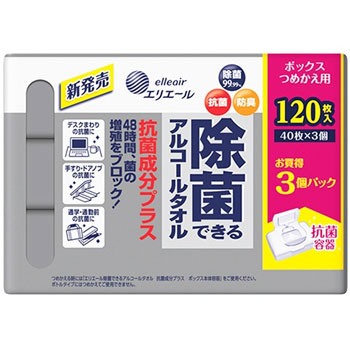 大王製紙 EコウキンBOXカエ3P エリエール 除菌できるアルコールタオル 抗菌成分プラス ボックスつめかえ用
