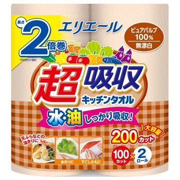 大王製紙 EKTム100C2R エリエール 超吸収キッチンタオル 無漂白 100カット/ロール