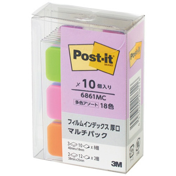 3M 6861MC ポスト・イット フィルムインデックス 厚口 マルチカラー マルチパック 大見出し38×25mm 小見出し40