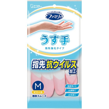 エステー 722396 ファミリー ビニールうす手 指先抗ウイルス加工手袋 ピンク M