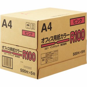 日本紙通商 40A0992-A4 オフィス用紙カラーR100 A4 ピンク (329-1825) 1箱＝2500枚(500枚×5