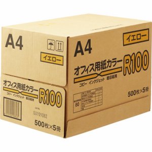 日本紙通商 40A0993-A4 オフィス用紙カラーR100 A4 イエロー (329-1863) 1箱＝2500枚(500枚×