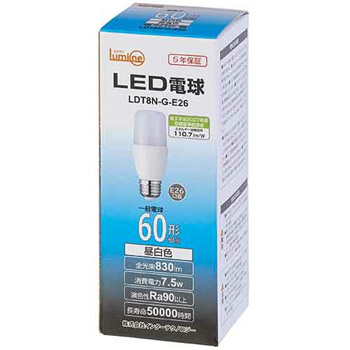 インターテクノロジー LDT8N-G-E26 LED電球 T形 E26口金 7.5W 5000K 昼白色