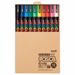 三菱鉛筆 PC3MT10C 水性マーカー ポスカ 細字丸芯 簡易紙箱入 10色各色1本 (814-3297)