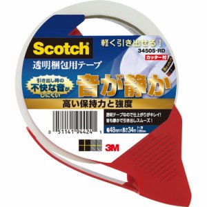 3M 3450S-RD スコッチ 透明梱包用テープ(音が静か /軽く引き出せる) カッター付 (567-2303)