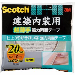 3M PBW-20 スコッチ 建築内装用超薄手 強力両面テープ 20mm×10m (460-9889)