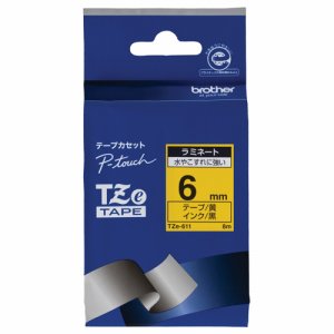 BROTHER TZE-611 ピータッチ TZeテープ ラミネートテープ 6mm 黄/黒文字