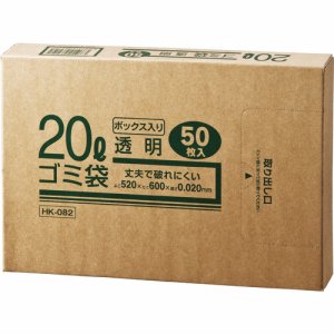 クラフトマン HK-82 業務用透明 メタロセン配合厚手ゴミ袋 20L BOXタイプ (162-4460) 1箱＝50枚