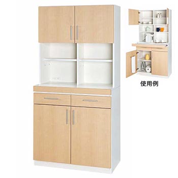 OKW-918K-PM2 木製オフィスキッチン幅900 オープンラック+上部収納 スライド天板 ホワイト/ナチュラル