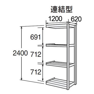 高耐食性メッキ中量棚 段300kg 天地4段 連結型 2400高さ 1200幅 620奥行